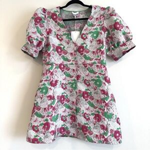 GANNI 3D Jacquard Mini Dress Sugar Plum Floral Puff Sleeve Party  42 L 10/12
